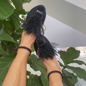 Anthropologie New Brand Satin and feather ankle strap stiletto.  Beautiful Sexy!